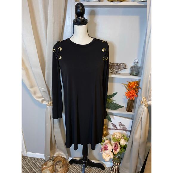 Michael Kors size Medium EUC Black Back Zip Dress With Gold Ring Detail - Picture 3 of 9